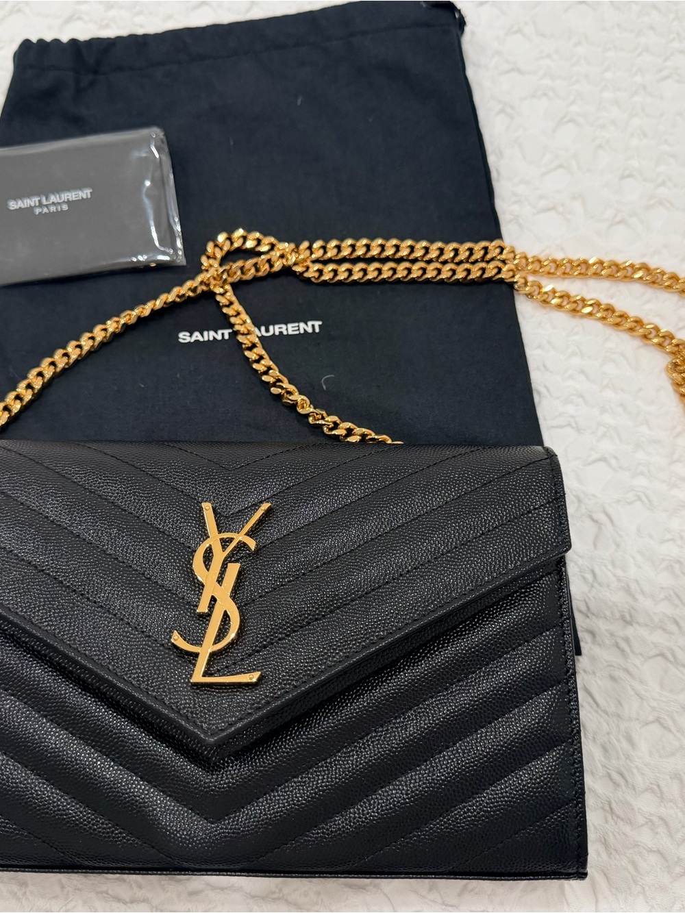 Saint Laurent Black Chevron Leather Wallet-on-Chain with Gold YSL Hardware